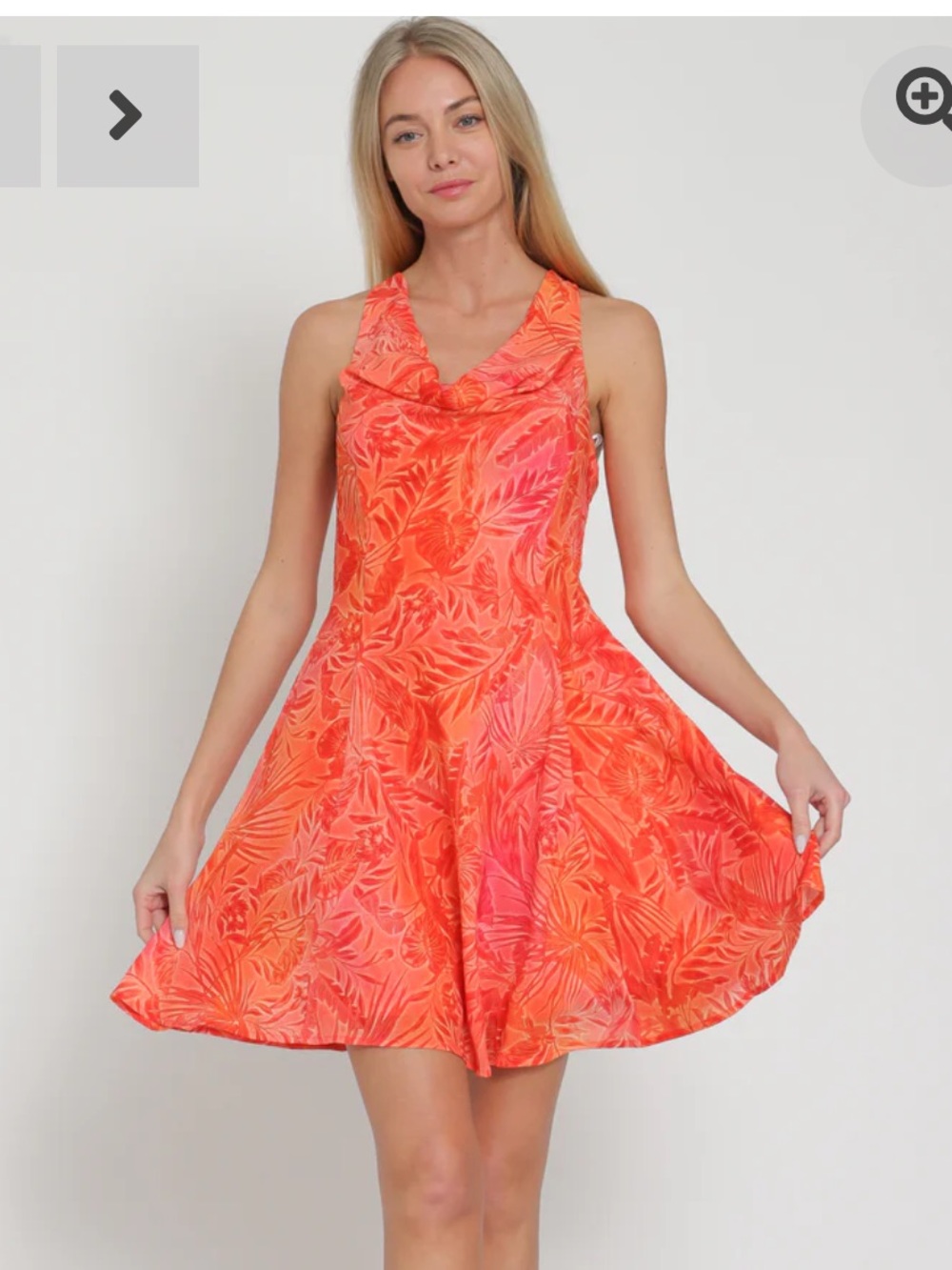 Sleeveless Coral/Orange Tropical Print Swing Dress
